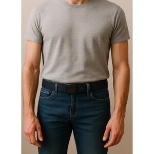 Lacoste Men’s Navy Blue Webbed Belt | Silver Logo Buckle Casual Designer Accesso